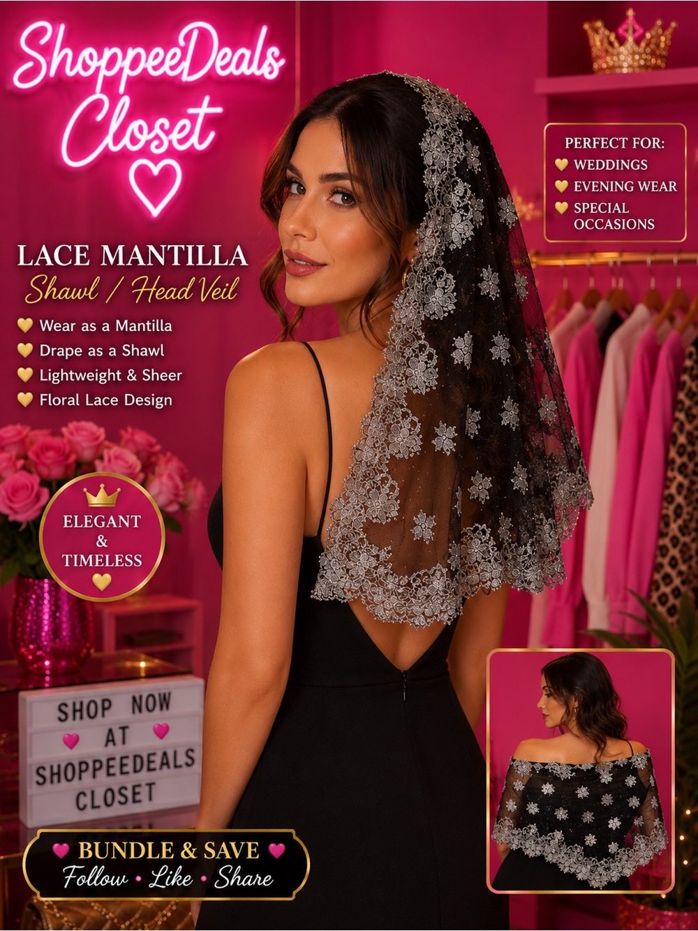Black & Silver Floral Lace Mantilla Shawl Wrap